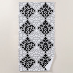 Scroll Damask Big Pattern Black White Grey Beach Towel