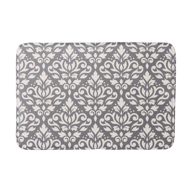 Scroll Damask Big Pattern Cream on Grey Bath Mat (Front)