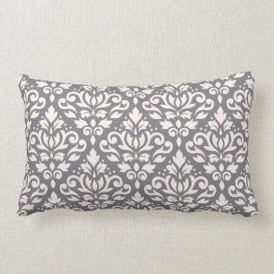 Scroll Damask Big Pattern Cream on Grey Lumbar Cushion