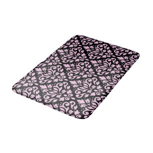 Scroll Damask Big Pattern Pink on Black Bath Mat