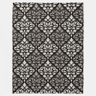 Scroll Damask Big Pattern Taupe Cream Black Fleece Blanket