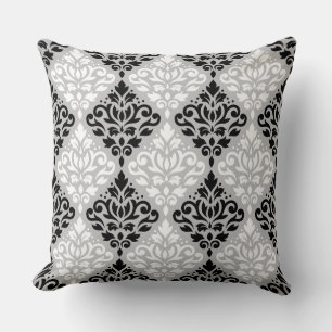 Scroll Damask Big Ptn B&W on Gray Cushion