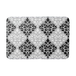 Scroll Damask Big Ptn B&W on Grey Bath Mat