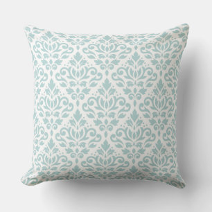 Scroll Damask Big Ptn Duck Egg Blue (B) on White Cushion