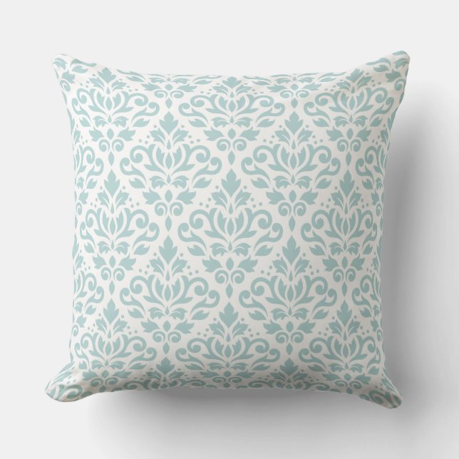 Scroll Damask Big Ptn Duck Egg Blue (B) on White Cushion (Front)