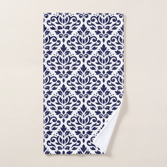 Scroll Damask Big Ptn Navy Blue on White Hand Towel (Hand Towel)