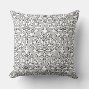 Scroll Damask Big Ptn White (Black line) Gray Cushion