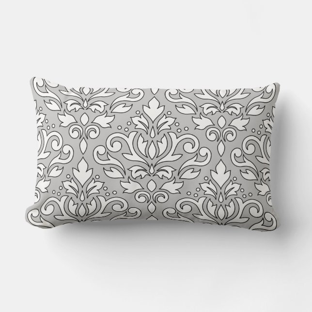 Scroll Damask Big Ptn White (Black line) Grey Lumbar Cushion (Front)