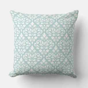 Scroll Damask Big Ptn White on Duck Egg Blue (B) Cushion