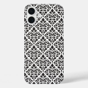Scroll Damask Black on White Pattern iPhone 16 Plus Case