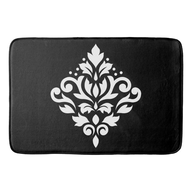Scroll Damask Design White on Black Bath Mat (Front)