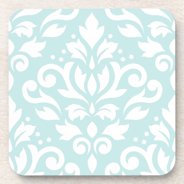 Scroll Damask Design White on Duck Egg Blue Coaster (Front)