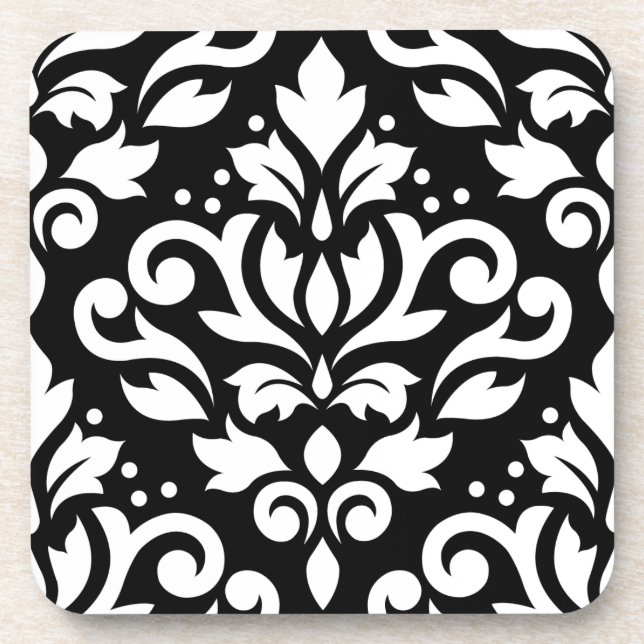 Scroll Damask Large Design White on Black Coaster (Front)