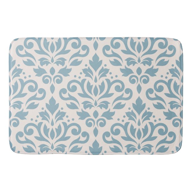 Scroll Damask Large Pattern Blue on Cream Bath Mat (Front)