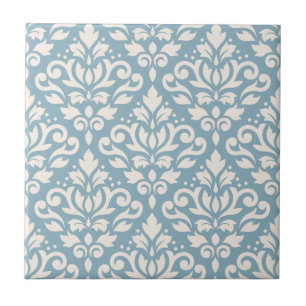 Scroll Damask Large Pattern Cream on Blue Tile