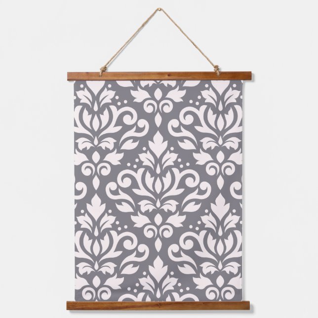 Scroll Damask Large Pattern Cream on Grey Hanging Tapestry (Front)