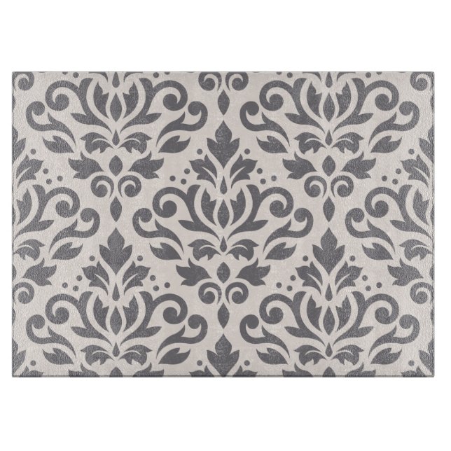 Scroll Damask Large Pattern Grey on Cream Cutting Board (Front)