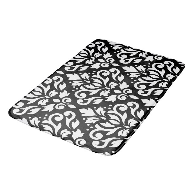 Scroll Damask Large Pattern White on Black Bath Mat (Angled)