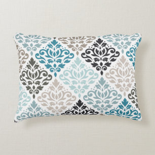 Scroll Damask Lg Pattern Art Teals Browns White Decorative Cushion