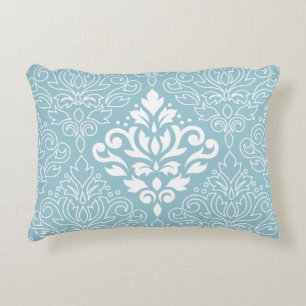 Scroll Damask Lg Pattern Mid White+Line on Blue Decorative Cushion
