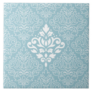 Scroll Damask Lg Pattern Mid White+Line on Blue Tile