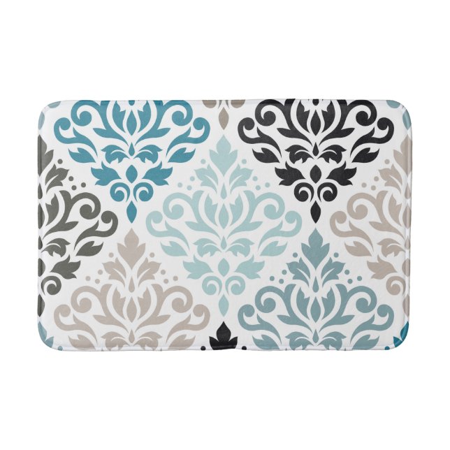Scroll Damask Lg Pattern Teals Browns White Bath Mat (Front)