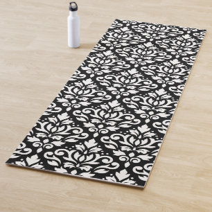 Scroll Damask Lg Pattern White on Black Yoga Mat