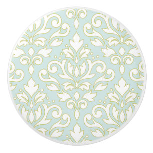 Scroll Damask Lg Ptn (outline) Wt Gld Lt Teal Ceramic Knob