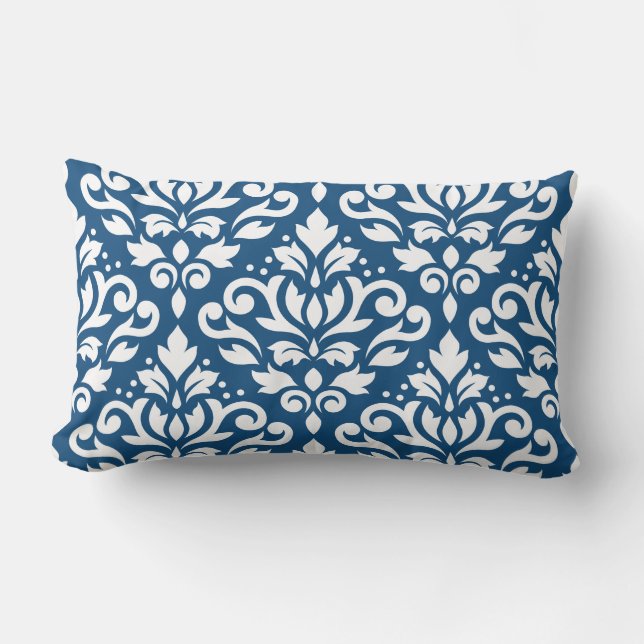 Scroll Damask Lg Ptn White on Dk Blue Lumbar Cushion (Front)