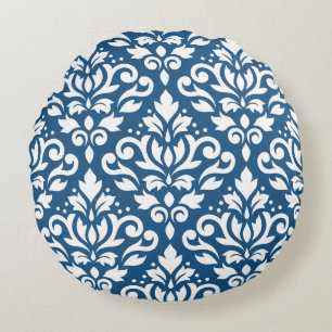 Scroll Damask Lg Ptn White on Dk Blue Round Cushion