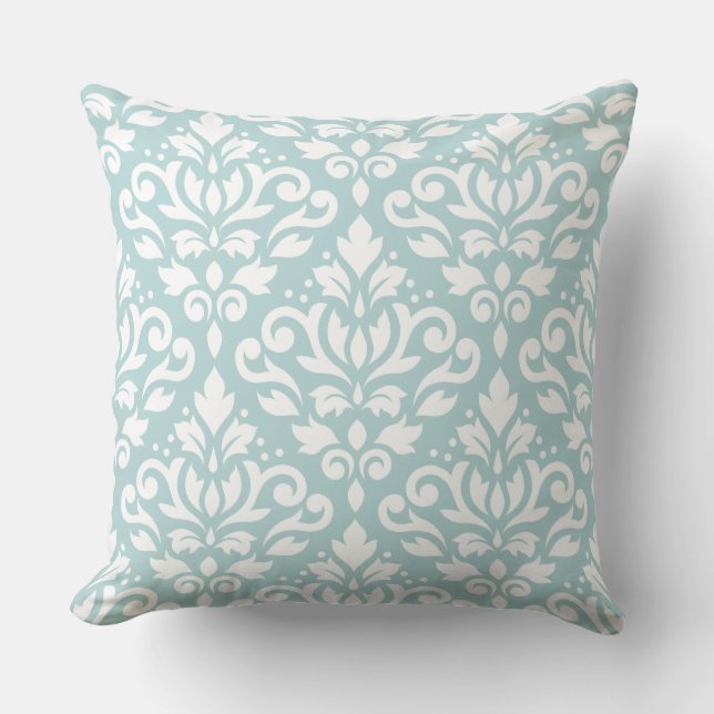 Scroll Damask Lg Ptn White on Duck Egg Blue (B) Cushion (Front)