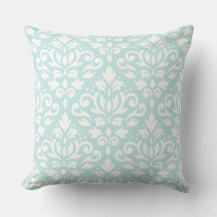 Scroll Damask Lg Ptn White on Duck Egg Blue Cushion