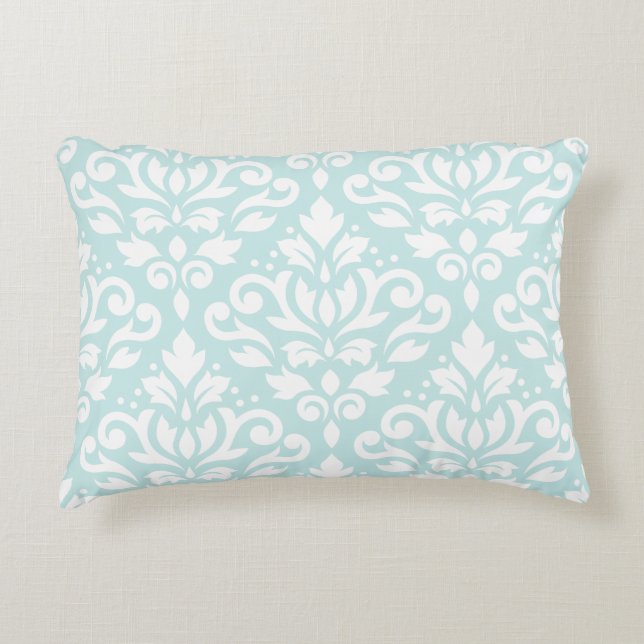 Scroll Damask Lg Ptn White on Duck Egg Blue Decorative Cushion (Front)