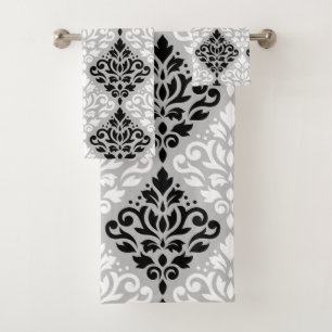 Scroll Damask Mixed Size Ptn B&W on Grey Bath Towel Set