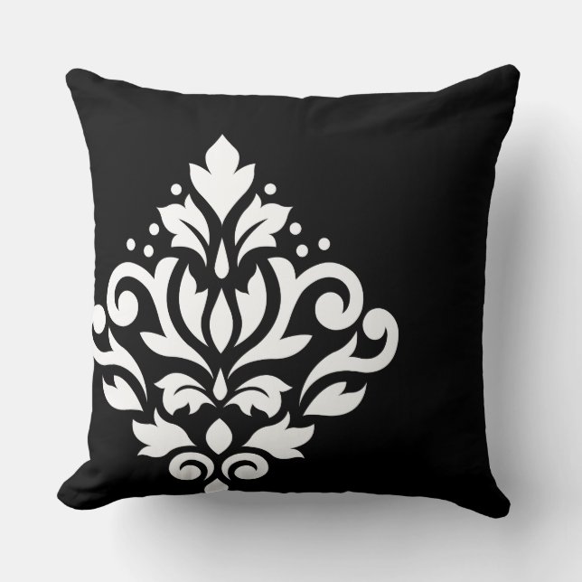 Scroll Damask Off-set I White on Black Cushion (Front)