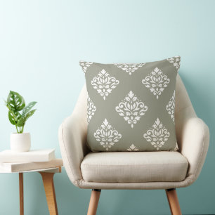 Scroll Damask Pattern (B) White on Green Cushion
