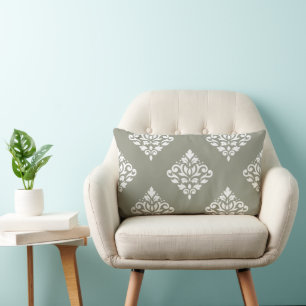 Scroll Damask Pattern (B) White on Green Lumbar Cushion