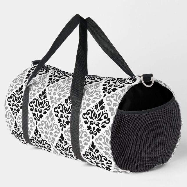 Scroll Damask Pattern Black Grey White Duffle Bag (Right Corner)