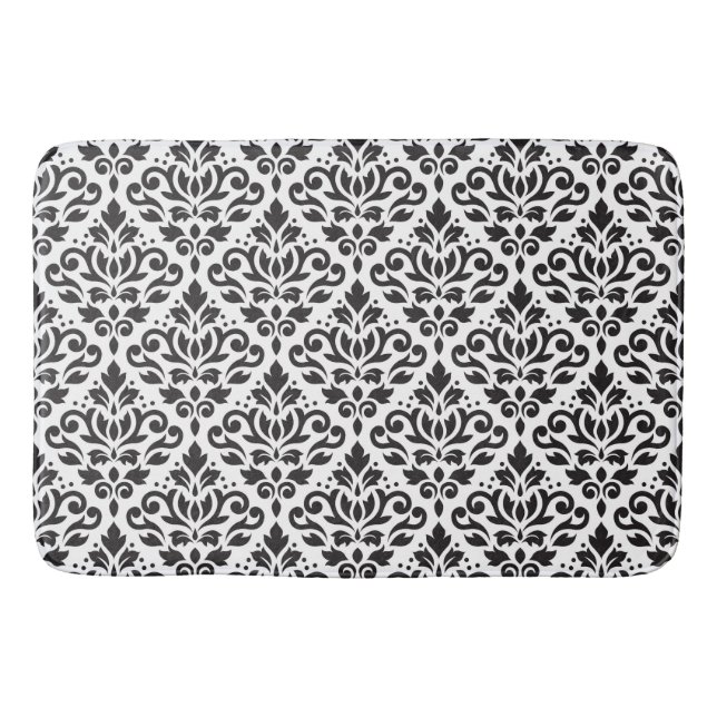 Scroll Damask Pattern Black on White Bath Mat (Front)