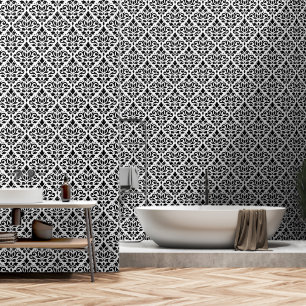 Scroll Damask Pattern Black on White Wallpaper