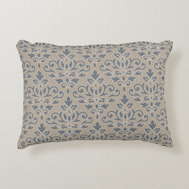 Scroll Damask Pattern Cream Line Blue Sand Decorative Cushion (Front)