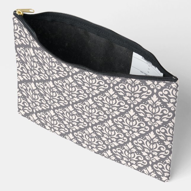 Scroll Damask Pattern Cream on Grey Accessory Pouch (Open)