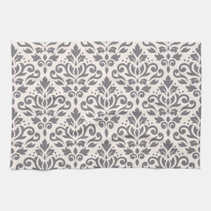 Scroll Damask Pattern Grey on Cream Tea Towel