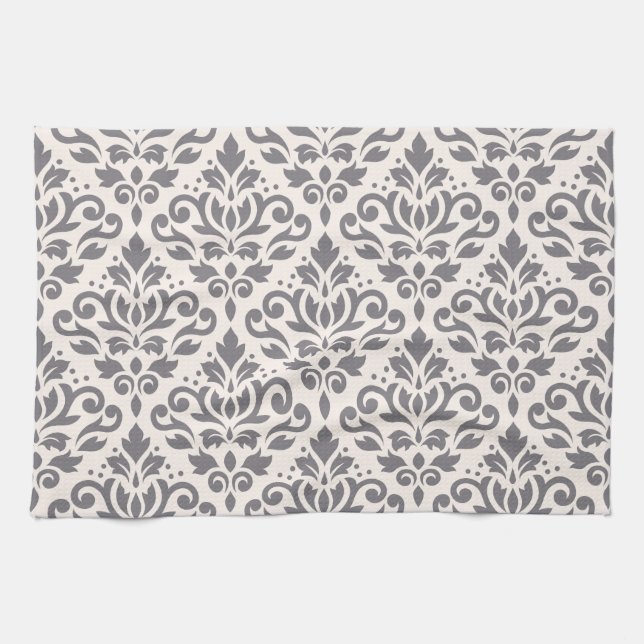Scroll Damask Pattern Grey on Cream Tea Towel (Horizontal)