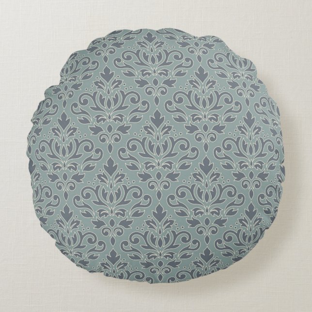 Scroll Damask Pattern (outline) Cream Blues Teal Round Cushion (Front)