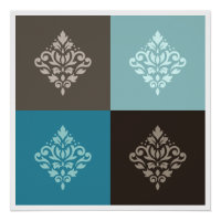 Scroll Damask Pattern Squares Teals Browns White