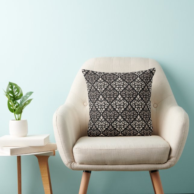 Scroll Damask Pattern Taupe Cream Black Cushion (Chair)
