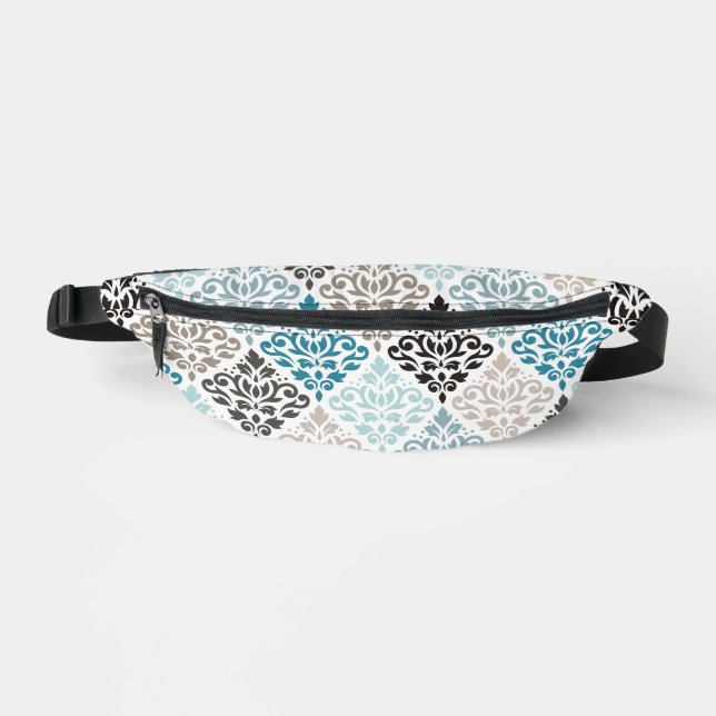 Scroll Damask Pattern Teals Browns White Bum Bags (Front)