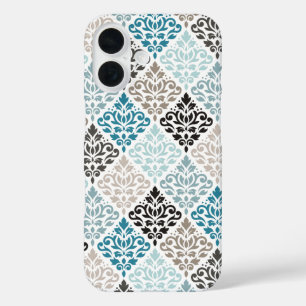 Scroll Damask Pattern Teals Browns White iPhone 16 Case