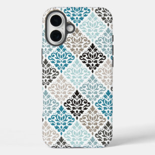 Scroll Damask Pattern Teals Browns White iPhone 16 Plus Case